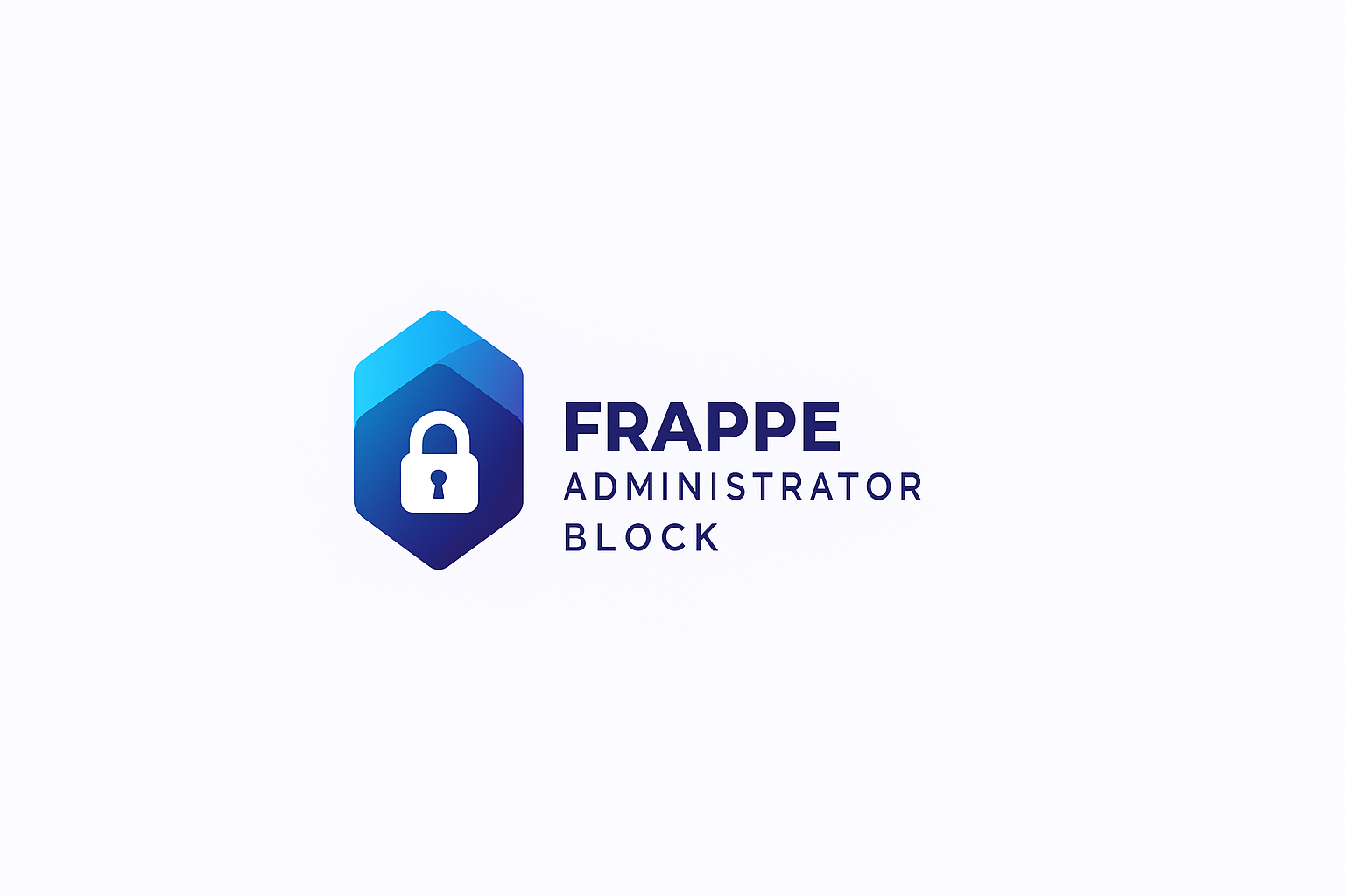 Logo for Frappe Administrator Block featuring a blue hexagon with a white padlock icon on the left, and the text 'FRAPPE Administrator Block' in bold and regular navy blue font on the right, set against a white background.