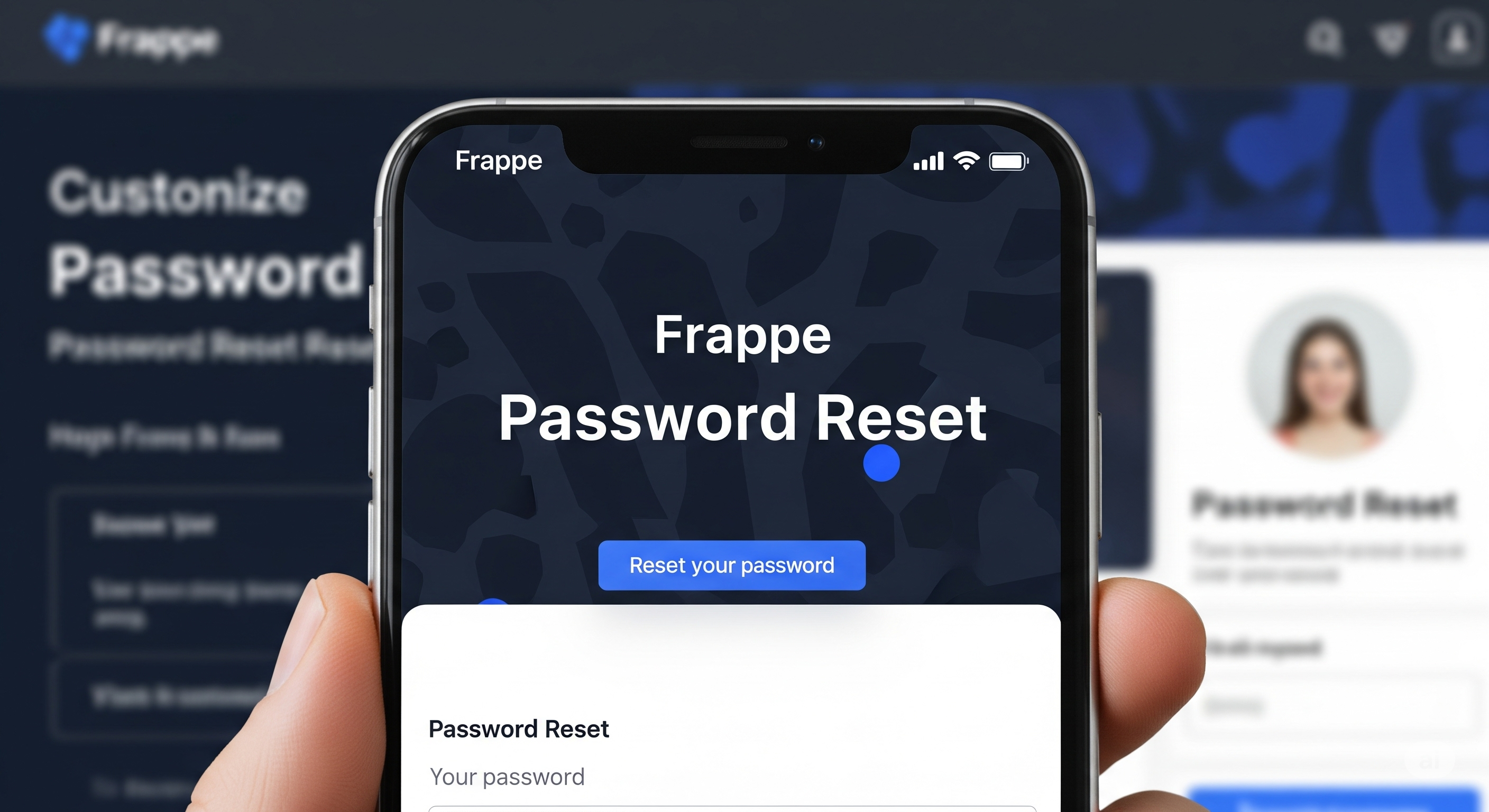 A hand holding a smartphone that displays a customized 'Frappe Password Reset' email. The design is clean and professional with a blue call-to-action button.