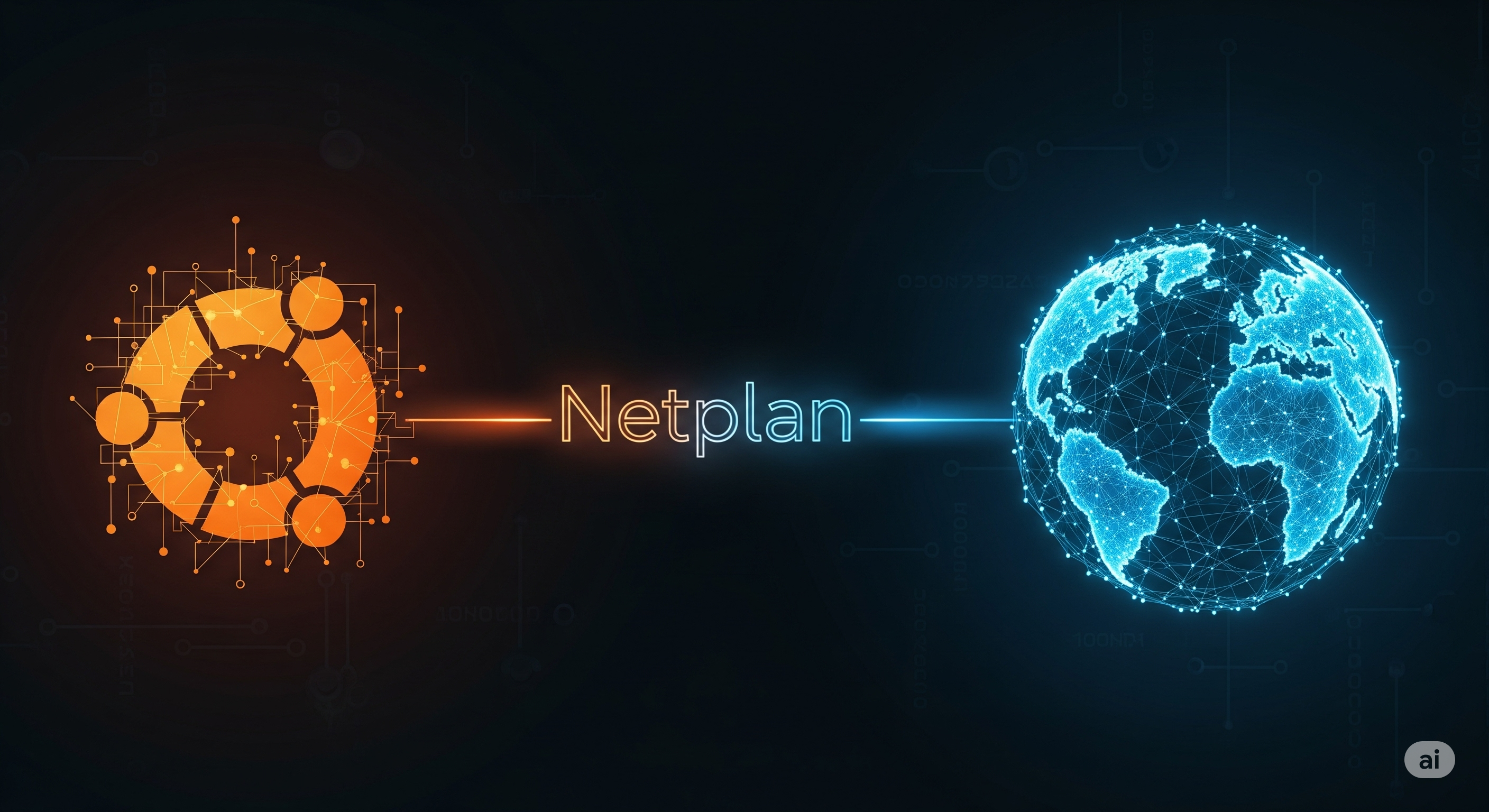 A tech-themed image with a dark background. A glowing orange Ubuntu logo on the left is connected to a glowing blue globe (representing the internet) on the right by a line with the word 'Netplan' in the center.